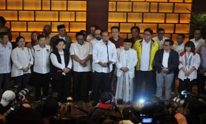Capres-Cawapres Jokowi-KH Ma'ruf Amin Bersama Partai Pendukung Gelar Konfrensi Pers Usai Pemilu 2019.