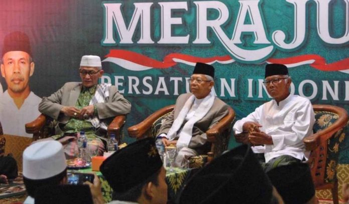 Calon Wakil Presiden (Cawapres), KH Maruf Amin saat acara Silaturahim Kebangsaan Dari Jatim Merajut Persatuan Indonesia di Kantor PWNU Jatim.