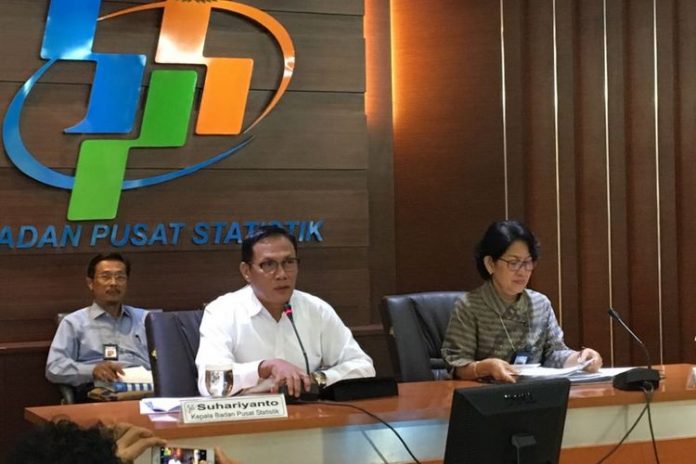 Kepala BPS Suhariyanto dalam konferensi pers di kantornya, Jakarta.