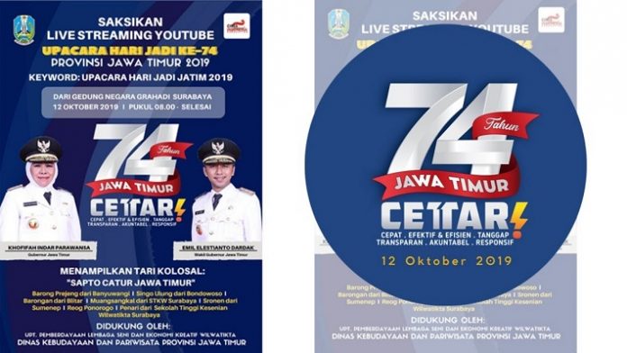 Jawa Timur merayakan hari jadinya yang ke-74 tepat pada Sabtu, 12 Oktober 2019.