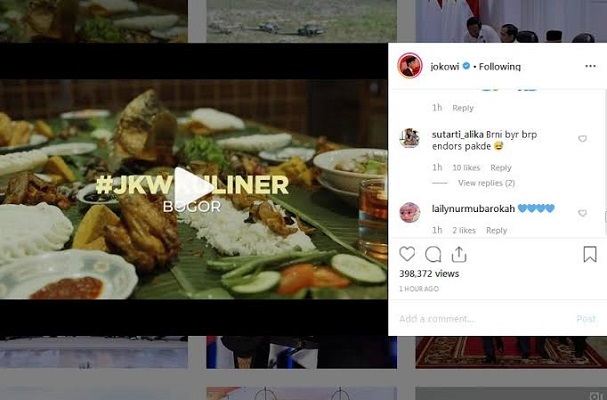 Presiden Joko Widodo mengunggah video wisata kuliner di Bogor.