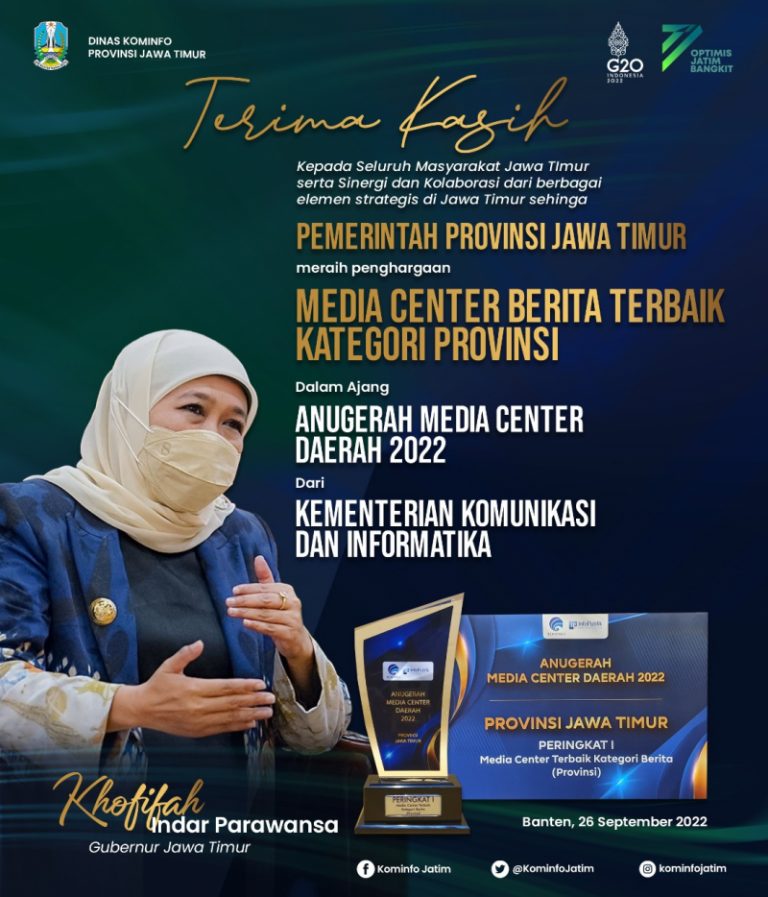Pemprov Jatim Raih Terbaik Pertama Media Center Provinsi Kategori Berita Tahun 2022