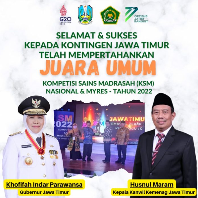 Alhamdulillah, Untuk Kesepuluh Kalinya Jatim Kembali Raih Juara Umum Kompetisi Sains Madrasah Tahun 2022