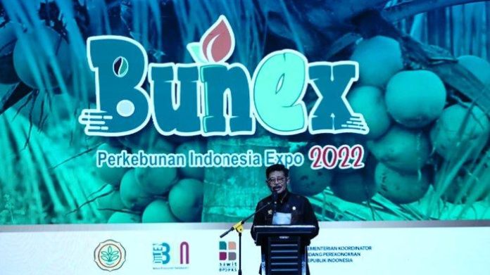 Menteri Pertanian Syahrul Yasin Limpo saat menghadiri Perkebunan Indonesia Expo (Bunex 2022) di Jakarta (21/12/2022).