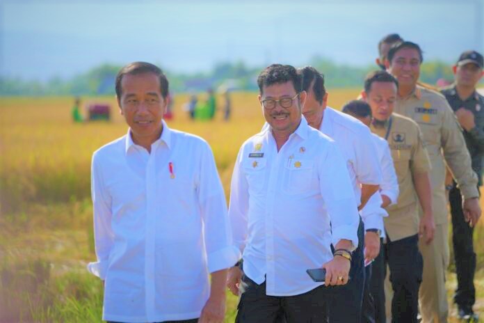 Presiden Jokowi meninjau panen raya padi di Kelurahan Baji Pamai, Kecamatan Maros Kota, Kabupaten Maros, Sulawesi Selatan (30/3/2023)