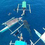 Foto udara sejumlah wisatawan mengunjungi objek wisata Hiu Paus di Desa Botubarani, Kabupaten Bone Bolango, Gorontalo, Rabu (8/3/2023).