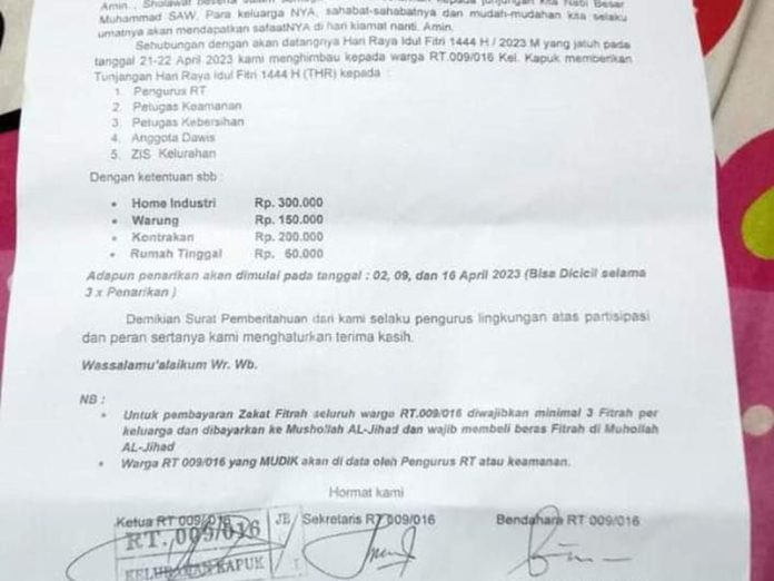 Surat yang dibuat pengurus RT 009, RW 016, Kelurahan Kapuk, Kecamatan Cengkareng, Jakarta Barat, meminta THR.