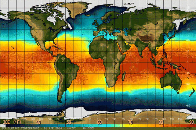 Suhu permukaan Samudera Pasifik. El Nino biasanya ditandai pemanasan suhu yang tidak biasa dan La Nina oleh temperatur dingin tidak biasa di ekuator Pasifik.