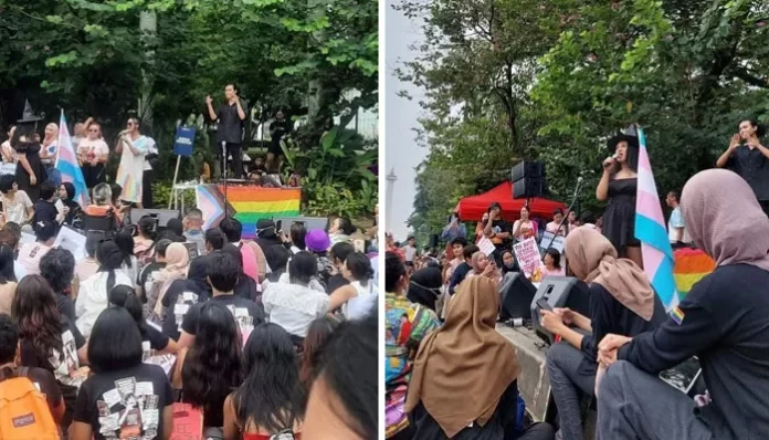 Viral di media sosial bendera LGBT berkibar di kawasan Monas, Jakarta Pusat.