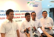 Direktur Kepesertaan BPJS Ketenagakerjaan, Zainudin, dalam acara peresmian kerjasama dengan Shopee, di Plaza BPJAMSOSTEK, Jakarta (31/7/2023).