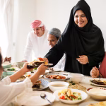 muslim-woman-sharing-food-ramadan-feast_53876-48942