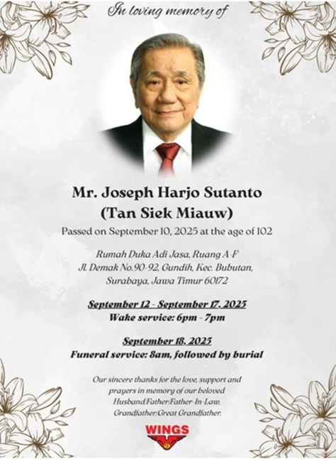 Dunia Usaha Berduka, Pendiri Wings Group Harjo Sutanto Tutup Usia di 102 Tahun